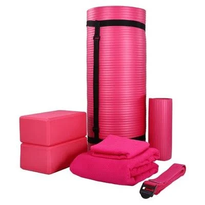 BalanceFrom Fitness 7-Piece Yoga Set with Mat, Stretch Strap, Knee Pad - Pink