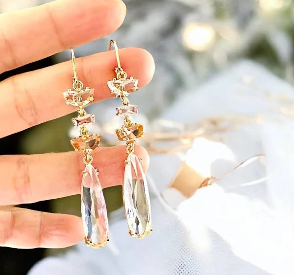 Clear Gold Crystal Long Dangle Earrings in Art Deco Style