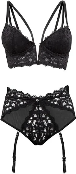 Lovehoney Parisienne Black Lace Plunge Longline Bra Set