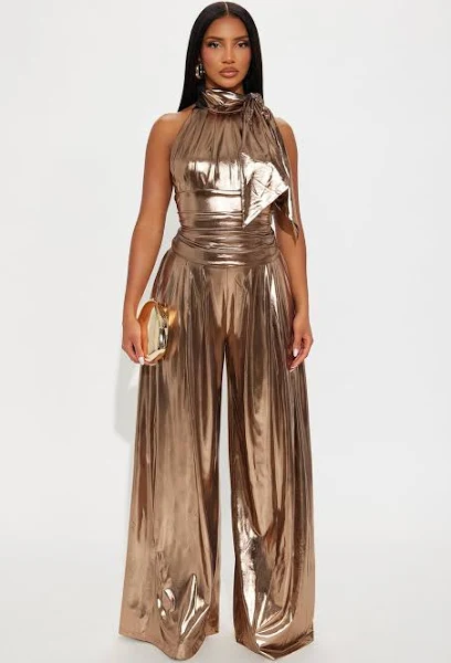 Metallic Halter Top and Wide Leg Pant Set by Fashion Nova