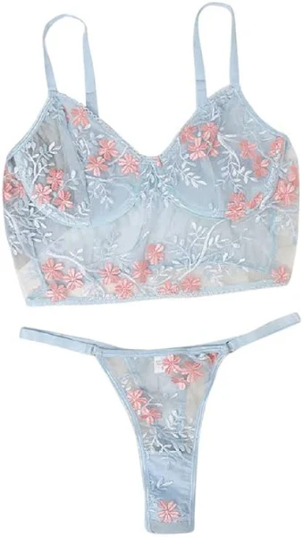 Transparent Blue Lace Floral Bra and G-string Set