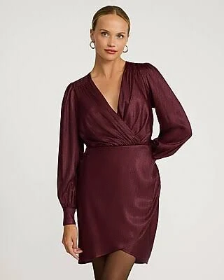 Women's Metallic V-Neck Wrap Mini Dress with Long Sleeves