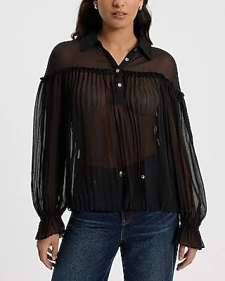 Women's Pleated Sheer Collared Long Sleeve Top