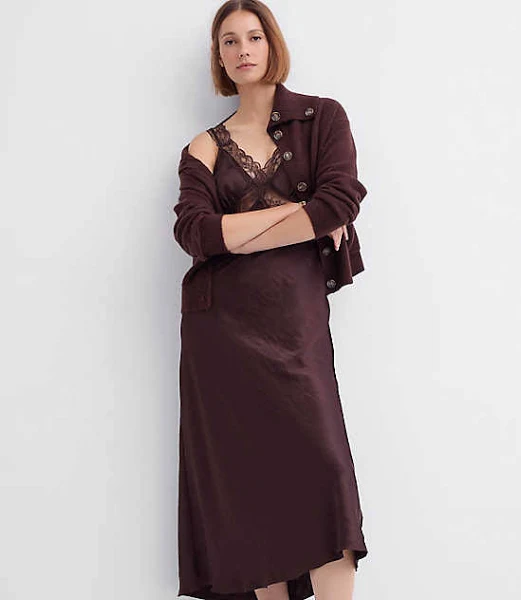 Women's Satin Midi Slip Dress with Lace Trim